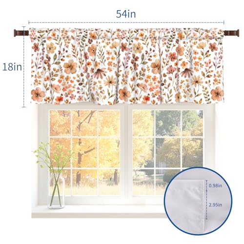 Brown Floral Valances for Windows Fall Color Flower Print Kitchen Curtain Farmhouse Rustic Widow Valance with Rod Pocket Design Light Filtering Polyester Valance 54 x 18 Inch, 1 Panel - color: Brown Floral