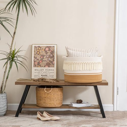 KAKAMAY Large Blanket Basket (20"x13"),Woven Baskets for storage Baby Laundry Hamper, Cotton Rope Blanket Basket for Living Room, Laundry, Nursery, Pillows, Baby Toy chest (White Fringe) - color: White Fringe
