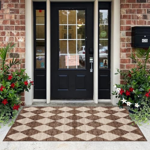 4x6 Covered Outdoor Patio Rug - Brown Beige Checkered Entry Rug - color: Diamond - Brown Beige, size: 4' x 6' (Rectangular)