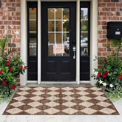 4x6 Covered Outdoor Patio Rug - Brown Beige Checkered Entry Rug - color: Diamond - Brown Beige, size: 4' x 6' (Rectangular)