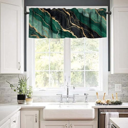 Green Black Marble Valance, Abstract Liquid Golden Lines Marble Blackout Short Thermal Insulated Rod Pocket Short Window Curtain for Cafe Bedroom Kitchen, 54x18inch - color: Marble-13