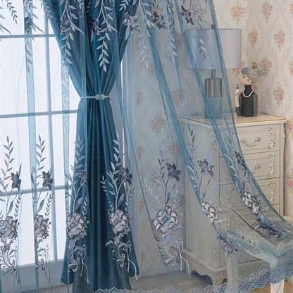 Amidoudou 1 Pair European Double Layer Curtains for Living Room Bedroom Luxury Peacock Flower Embroidered Curtains with Valance (Blue,51x90 Inch) - color: Blue, size: 51"W x 90"L (Pack of 2)