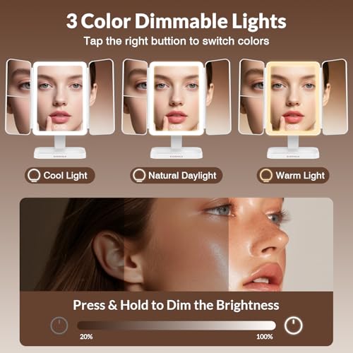 EASEHOLD Trifold Lighted Makeup Vanity Mirror with 1X/2X/3X Magnification - color: A-white- 2000 Mah Rechargable