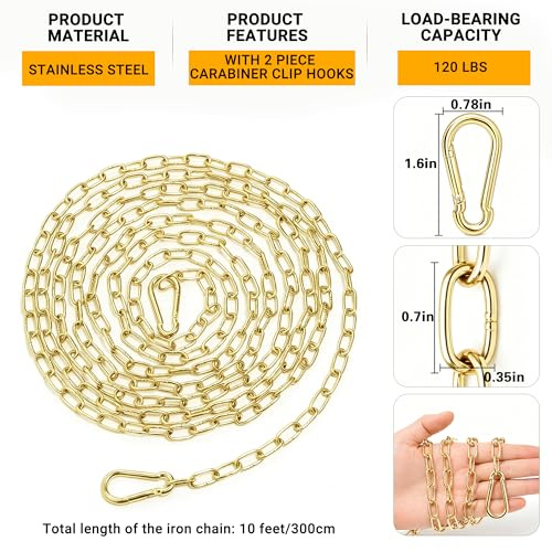 Golden Chains for Hanging with 2PCS Detachable Chain Link, 10 Feet Stainless Steel Chain, Hanging Chain Link Light Duty Chain, Heavy Duty Hanging Chain for Home Outdoor Camping, Thickness 0.08 inches - color: Gold, size: With Chain Links