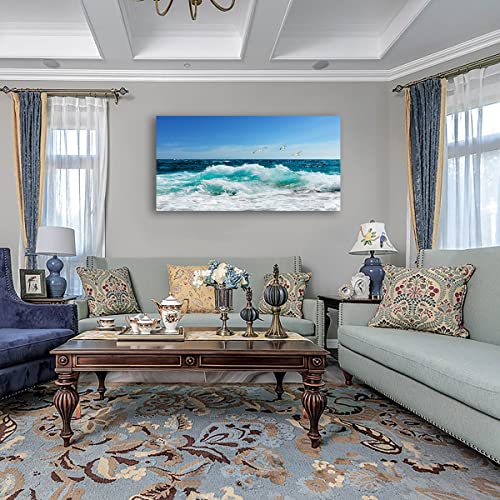 tigeridge Sea Beach Canvas Wall Art for Living Room Wall Decor Ocean Waves Canvas Pictures Blue Surfing Water Seagull Canvas Prints Artwork Office Home Wall Decorations Framed Ready to Hang 29" x 58" - color: Blue Ocean and Seagualls, size: 58"L x 29"W