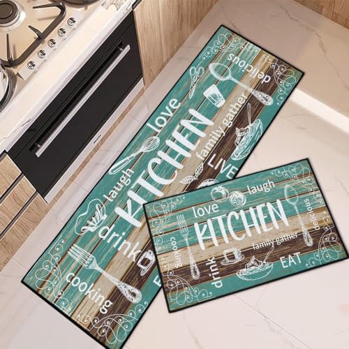Kitchen Rugs Set of 2 Non Slip WashableFarmhouse Teal Rustic - color: Farmhouse Rustic Vintage