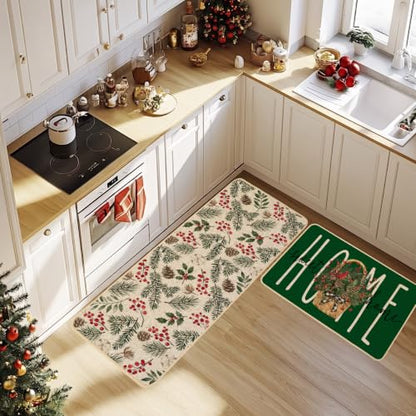 Baccessor Green Christmas Kitchen Rugs Winter Set of 2 17x29 and 17x47 Inch - color: Green Home Sweet Home