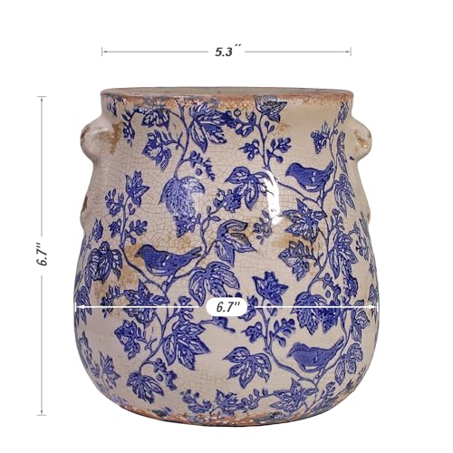 English Country Ceramic Planter, 6.7" Chinoiserie Vase & Utensil Holder - color: Blue
