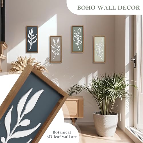 3D Tree Leaf Wooden Framed Boho Wall Art (Set of 4) - color: Multi Colors, size: 7"X16"