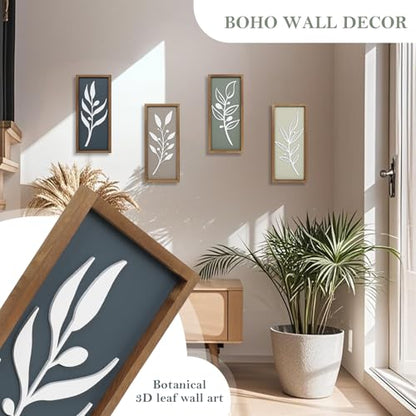 3D Tree Leaf Wooden Framed Boho Wall Art (Set of 4) - color: Multi Colors, size: 7"X16"