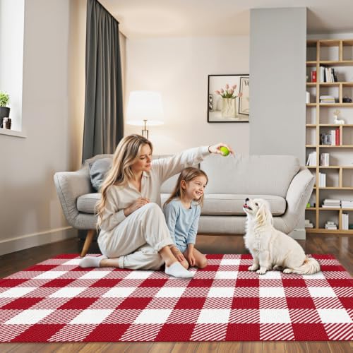 Outdoor Rugs, Red and White Area Rug Checkered 3’x 5’ - color: Red & White, size: 3' x 5' (Rectangular)