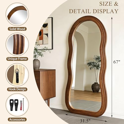 67"x31.5" Wavy Full Length Mirror with 3-Layer Solid Wood Frame - color: Walnut Wavy Frame, size: 67"L x 31.5"W
