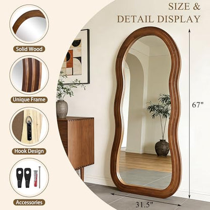 67"x31.5" Wavy Full Length Mirror with 3-Layer Solid Wood Frame - color: Walnut Wavy Frame, size: 67"L x 31.5"W