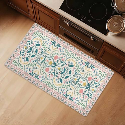 Boho Floral Kitchen Comfort Mat 36x20in Anti-Fatigue Kitchen Mats - color: Pink Boho Floral