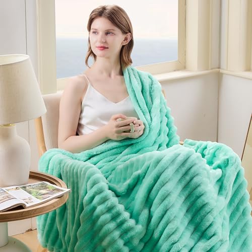 NEWCOSPLAY Fleece Ribbed Cozy Queen Blanket for Couch, Aqua, 90"x90" - color: Aqua Ribbed, size: Queen(90"x90")