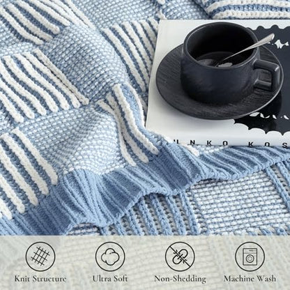 Amélie Home Checkered Knit Throw Blanket for Bed, Washed Blue 60"x80" - color: Checkered Blue, size: 60" X 80"