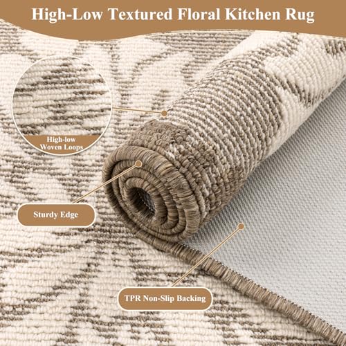 Findosom Kitchen Rugs Sets of 2, Floral Washable Kitchen Runner Rug, Brown - color: Brown, size: 24" x 36" + 24" x 60"