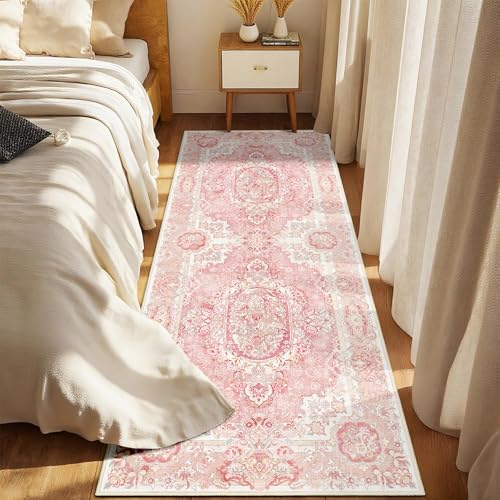 Boho Washable Runner Rug 2x6, Vintage Floral Rug for Hallway - color: Boho Blush Pink, size: 2'x6'