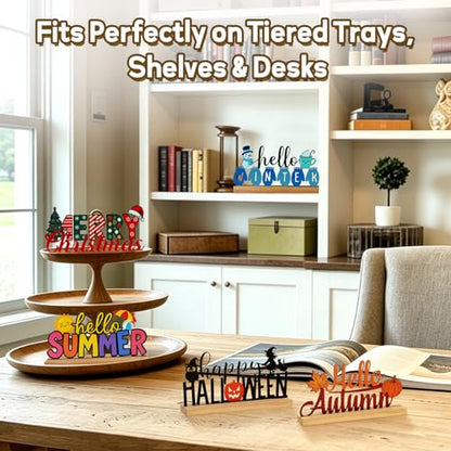 Interchangeable Seasonal Decor Metal Table Sign Set with Wooden Base