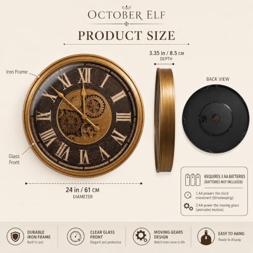 Large Real Moving Gears Wall Clock 24 Inch,Roman Antique Brass Brown - color: 24 Inch Roman Antique Brass Brown