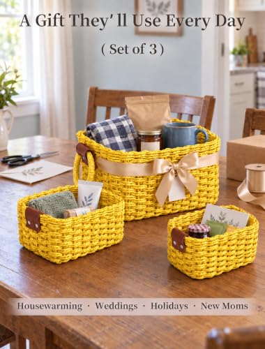 Small Wicker Baskets, 3 PCS Paper Rope Baskets for Shelves, Yellow - color: Yellow