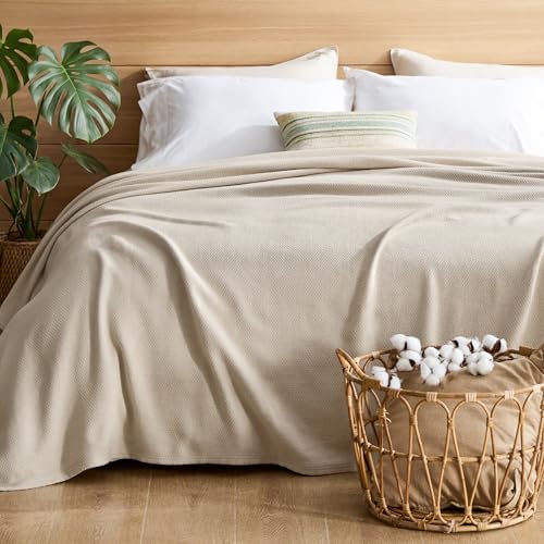 Bedsure 100% Cotton Blanket, Herringbone Weave, Full, Linen Beige - color: 01 - Linen Beige, size: Full
