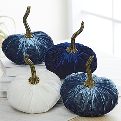 Your Heart's Content Set of 4 Small Velvet Pumpkins (Sm 2Indigo Navy Ivory) - color: Sm 2indigo Navy Ivory
