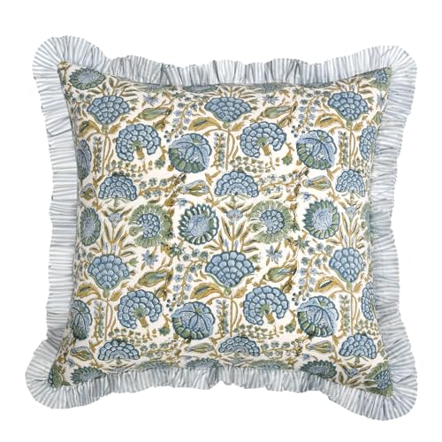 Ridhi Asparagus Green Floral Block Print Throw Pillow Covers 18 x 18 Inch - color: Asparagus Green, size: 18" x 18" (Pack of 2)