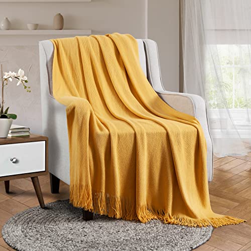 Vonty Mustard Yellow Knitted Throw Blanket with Tassels, 50x60 Acrylic - color: Yellow, size: 50" x 60"