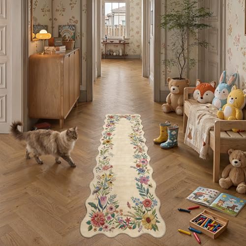 2x5 Floral Beige Scalloped Runner Rug - color: Scalloped | Beige, size: 2' x 5' (Runner)