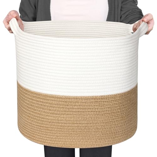 MEGASKET Large Woven Storage Basket, 16" x 14" Cotton and Jute Rope Basket for Blankets, Toys, Pillows, Big Laundry Basket with Handle, Decorative Living Room Storage, Dog Toy Bin, White and Natural - color: White & Natural, size: 16"D x 14"H