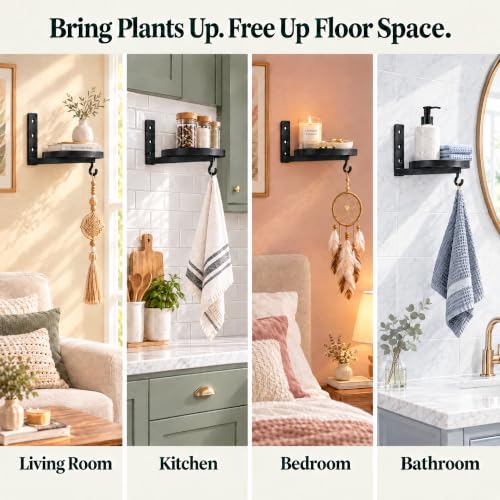 Wall Plant Holder Set of 2, Dual-Way Reversible Bracket for Extra Growth Space, Detachable Hooks, Metal Floating Flower Display Stand for Indoor Outdoor, Space Saving & Easy Assemble, Black - size: 2 Pack - 2-Way Wall Mount
