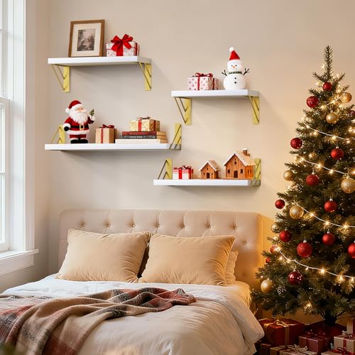 BAYKA Wall Mounted Floating Shelves (White and Gold, Set of 4, 16" Mixed) - color: B. White Board & Gold Brackets, size: 16 inches Mixed