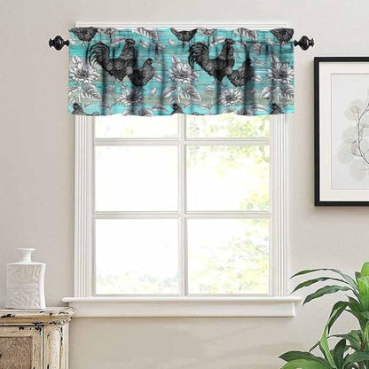 Rustic Farmhouse Chicken Valance Curtains, Retro Rooster Teal Blue Old Barn Door Farm Sunflower Small Short Window Curtain for Kitchen Dining Room Living Room, 54x18Inch - color: Chicken-8
