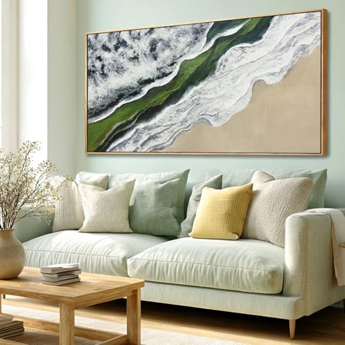 Sage Green Wall Art Abstract White Green Beach Wave Wall Decor Framed Canvas Prints Posters Pictures Artwork 24"x48" Ready to Hang - color: White and Green, size: 48"L x 24"W