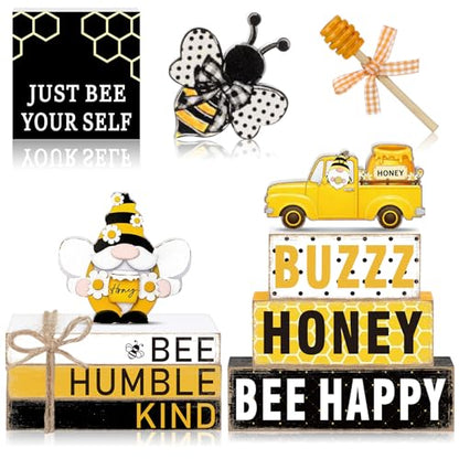 11 Pcs Bee Table Decorations Bee Tiered Tray Decorations Set Gnome Stack Signs Honey Farmhouse Rustic Wooden Table Centerpieces for Home Party - style: Bee