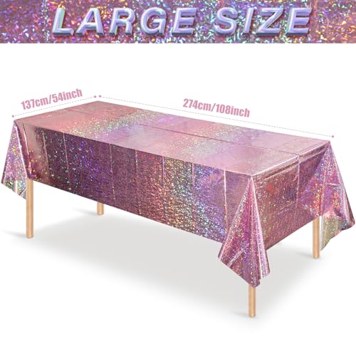 3 Pack New Iridescent Pink Tablecloth Party Decorations, Holographic Pink Glitter Plastic Tablecloth, Disposable Laser Rectangle Table Cover for Disco Birthday 70s Theme Party Decorations, 54x108 Inch - color: Iridescent Pink