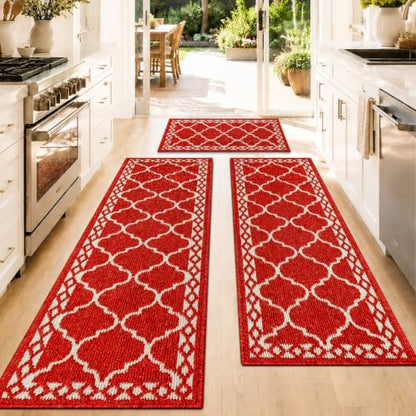 3 Piece Kitchen Rugs, Non Slip Waterproof Mats for Home(Red) - color: Red, size: 3-SET