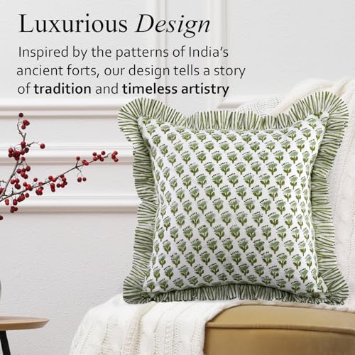 CPC Emerald Green Block Print Ruffle Pillow Cover 18x18 Inch, Pack of 2 - color: Emerald Green, size: 18" x 18" (Pack of 2)