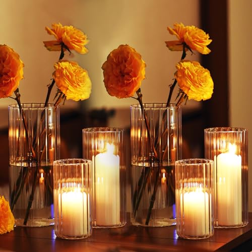 yshengood 6 Pcs Glass Hurricane Candle Holder Ribbed Glass Candle Holder - Elegant & Easy to Use, Perfect for Wedding, Holiday, Party Decor, Home and Event Essential