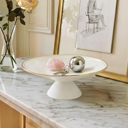 DOWAN 9 Inch Gold Rimmed Footed Decorative Bowl, 42% Bone China Fruit Bowl with Double Gold Line Design, European Ceramic Bowl for Entryway Coffee Table Decor & Storage, Dishwasher Safe