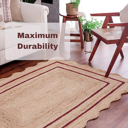 Wave Scalloped Jute Rug Entryway Natural Boho Area Rug Rustic Red 2'x3' - color: Rustic Red, size: 2'x3'