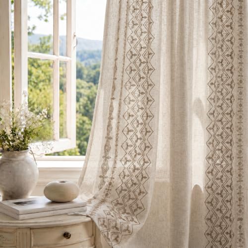 Deconovo Floral Linen Sheer Curtains 96 Inch Long for Living Room 2 Panels - color: Beige/Diamond Wave/Grommet, size: 50"W x 96"L (Pack of 2)