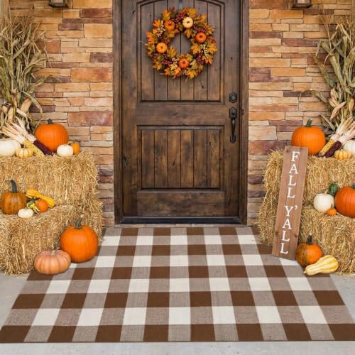 MUBIN Fall Decor Cotton Buffalo Plaid Rug, 3' x 5' Coffee White Outdoor Rug Front Door Decorative Mat, Washable Doormat Hand-Woven Foldable Area Rug Layered Door Mats Rug for Front Porch, Entryway - color: Coffee White Plaid, size: 3' x 5' (Rectangular)