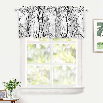 DriftAway Tree Branch Lined Valance Double Layer Blackout Thermal Insulated Abstract Ink Printing Window Curtain Valance Rod Pocket 52 Inch by 18 Inch Plus 2 Inch Header Black White 1 Pack - color: Black White, size: 52"W x 18"L (Pack of 1)