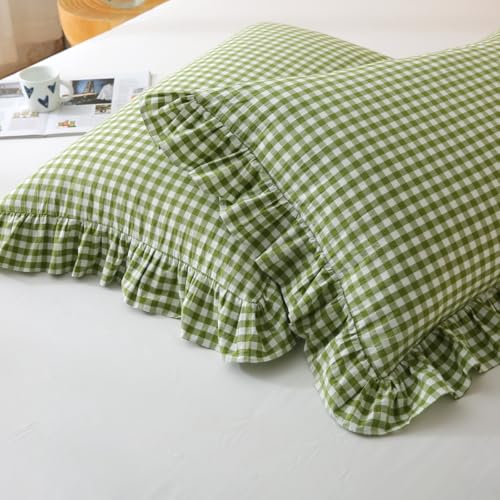 Silnuo Olive Green/White Gingham Ruffle Pillow Covers Queen Size 20"x30" - color: Green/White, size: Queen (20" x 30") - Set of 2