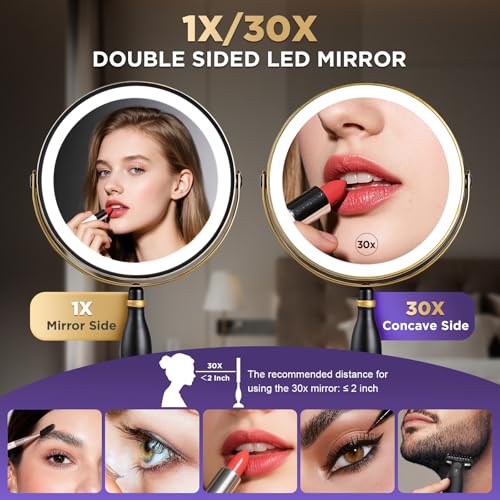 30x Magnifying Mirror with Light, Matte Black with Gold Trim - color: Matte Black With Gold Trim