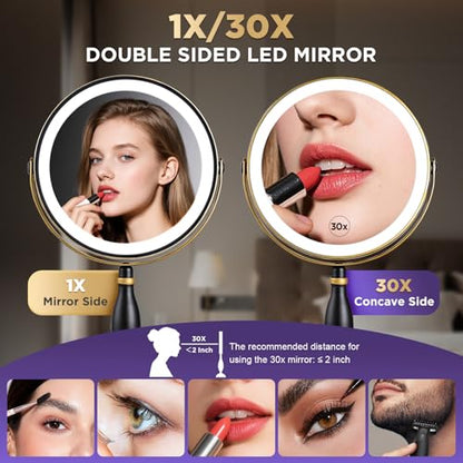 30x Magnifying Mirror with Light, Matte Black with Gold Trim - color: Matte Black With Gold Trim