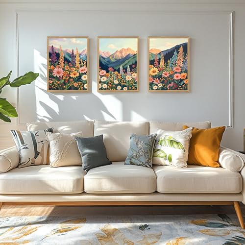 Hianan Wood Framed Boho Moutain Wildflower Wall Art Set of 3, 12x16 in - color: Colourful(Wood), size: 16"L x 12"W