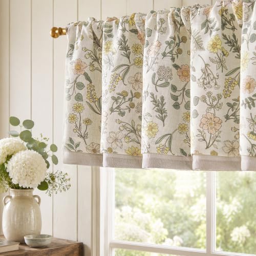jinchan Maia Floral Linen Double Layer Valance 16 Inch 1 Panel White - color: Maia White on Linen, size: 50"W x 16"L (Pack of 1)